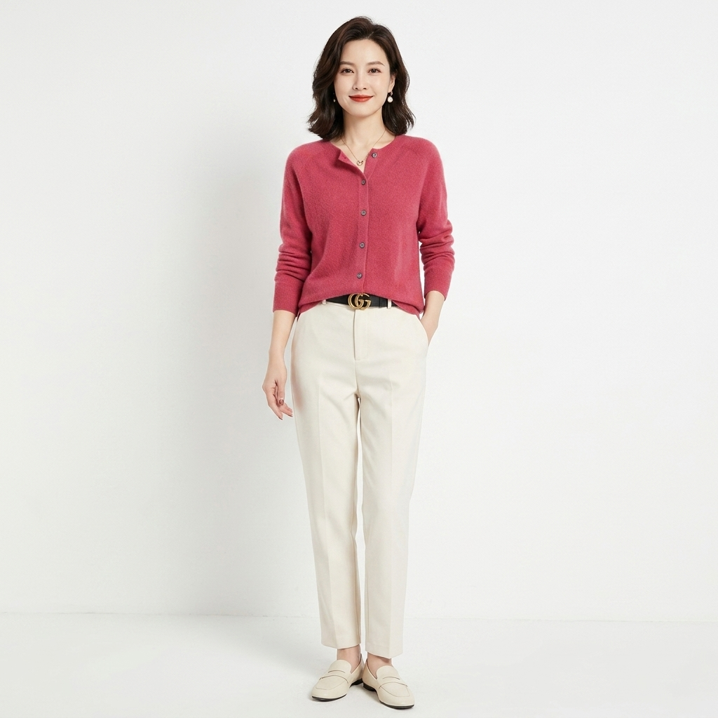 Women’s knit cardigan, burgundy red button-front with round neck and long sleeves