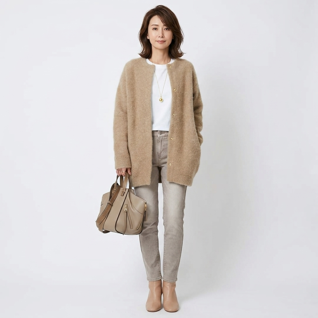 Women’s lightweight wool-blend cardigan, open front knit, long sleeves, tan—full outfit view