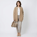 Women’s lightweight wool-blend cardigan, open front knit, long sleeves, tan—full outfit view