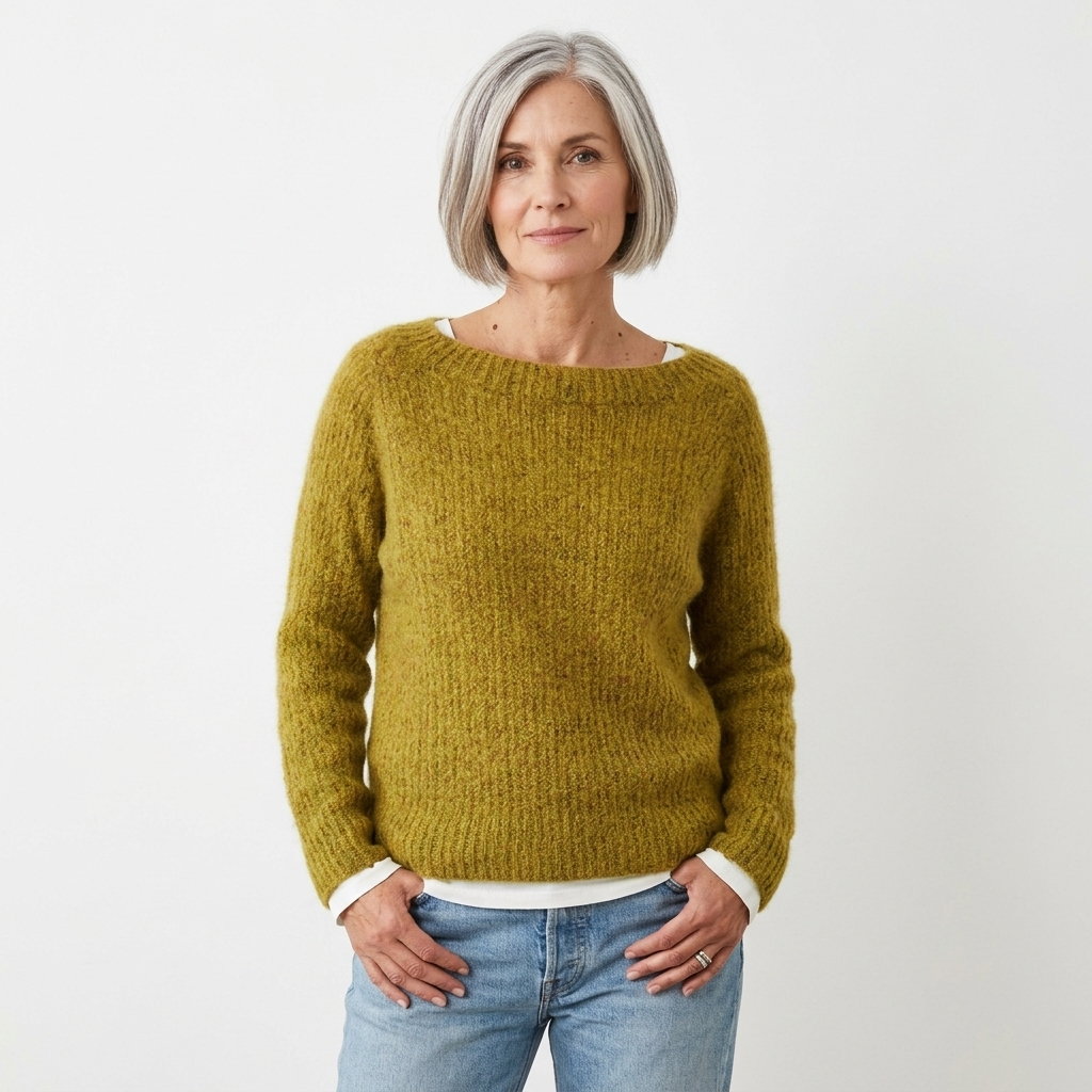 Yellow women’s merino wool crewneck relaxed-fit sweater with long sleeves
