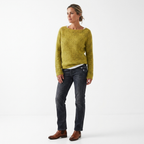 Yellow women’s merino wool crewneck knit sweater, relaxed fit, full body view
