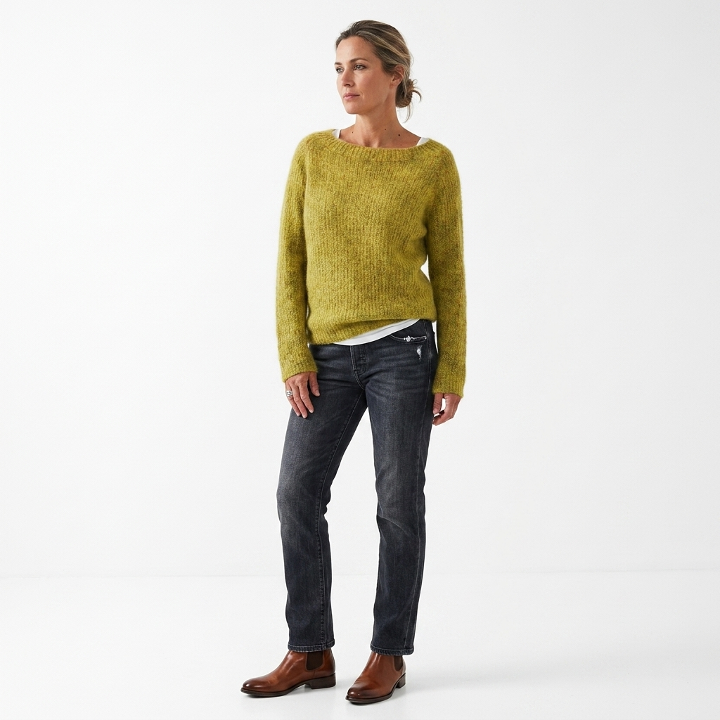 Yellow women’s merino wool crewneck knit sweater, relaxed fit, full body view