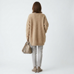 Women’s lightweight wool-blend cardigan, open front knit, long sleeves, tan—back view