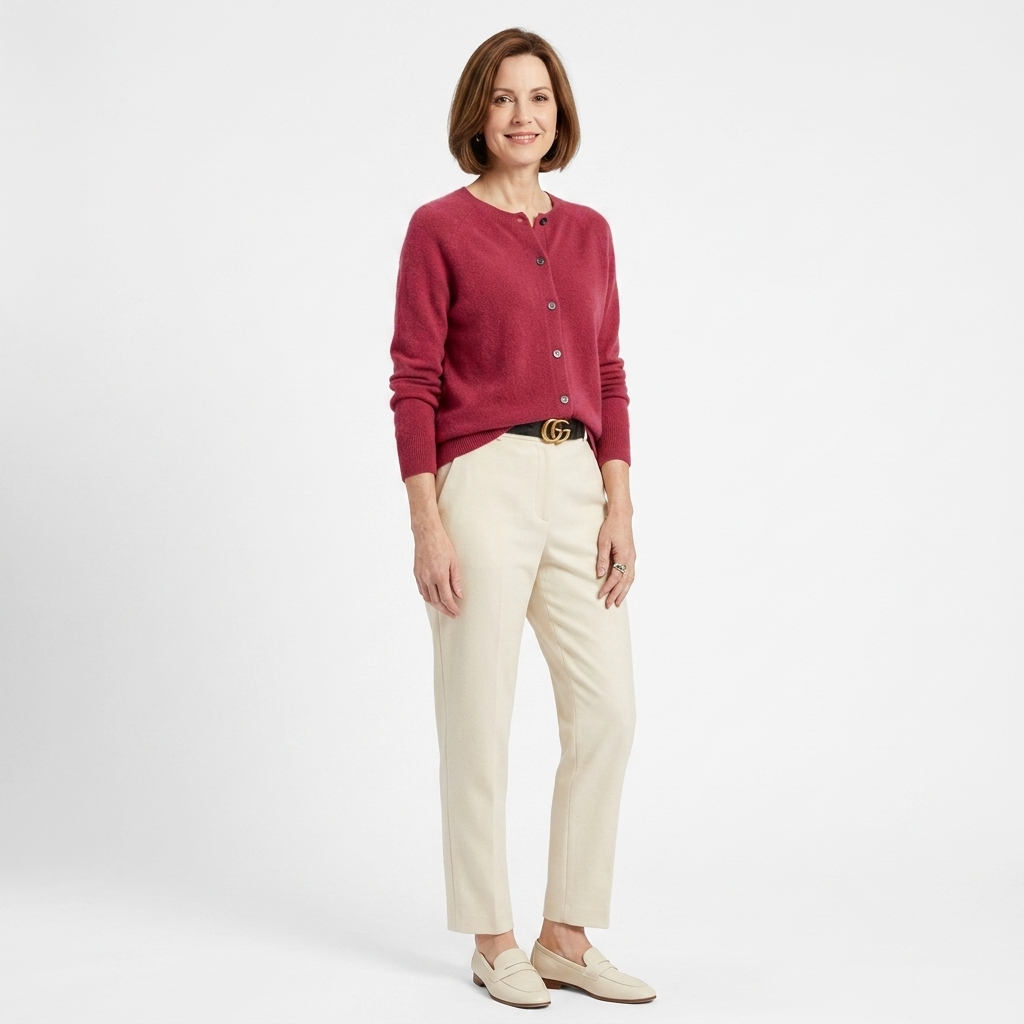 Women’s knit cardigan, burgundy red button-front with round neck and long sleeves