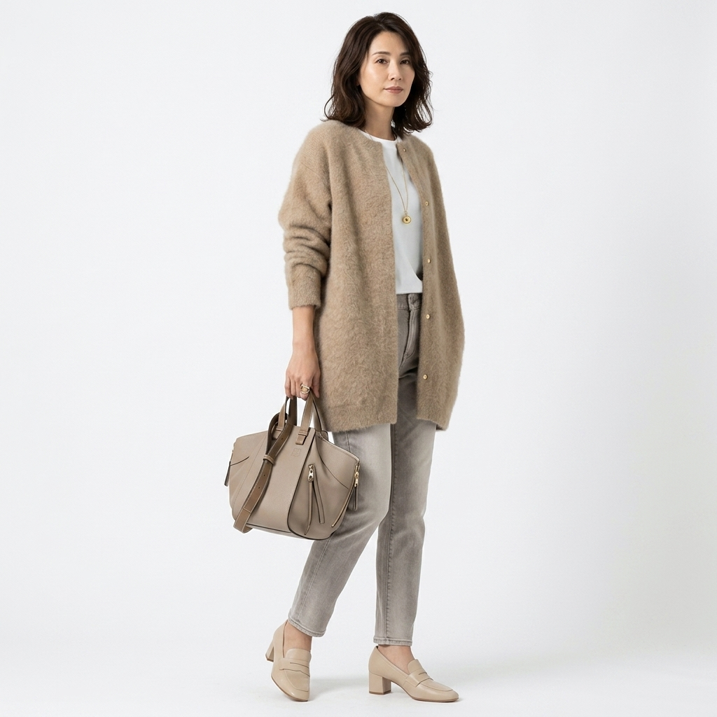 Women’s lightweight wool-blend cardigan, open front knit, long sleeves, tan—side view