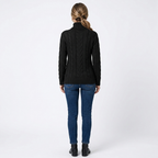 Women’s fitted black turtleneck sweater, long sleeves, cable-knit pattern