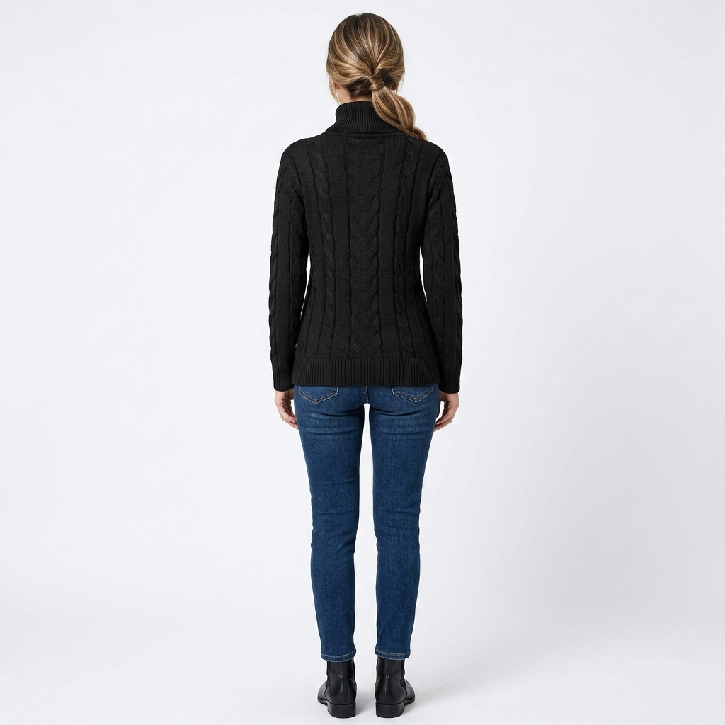 Women’s fitted black turtleneck sweater, long sleeves, cable-knit pattern