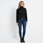 Women’s fitted black turtleneck sweater, long sleeves, cable-knit texture