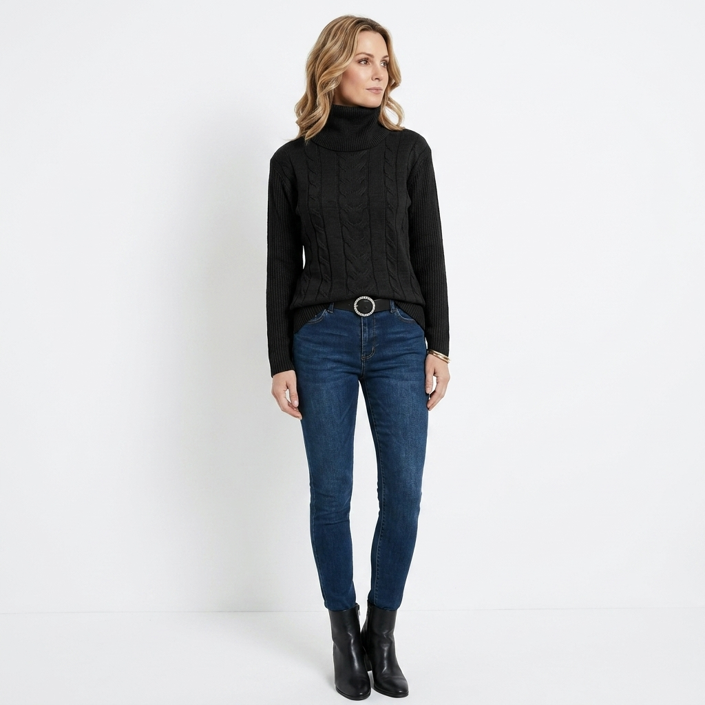 Women’s fitted black turtleneck sweater, long sleeves, cable-knit texture