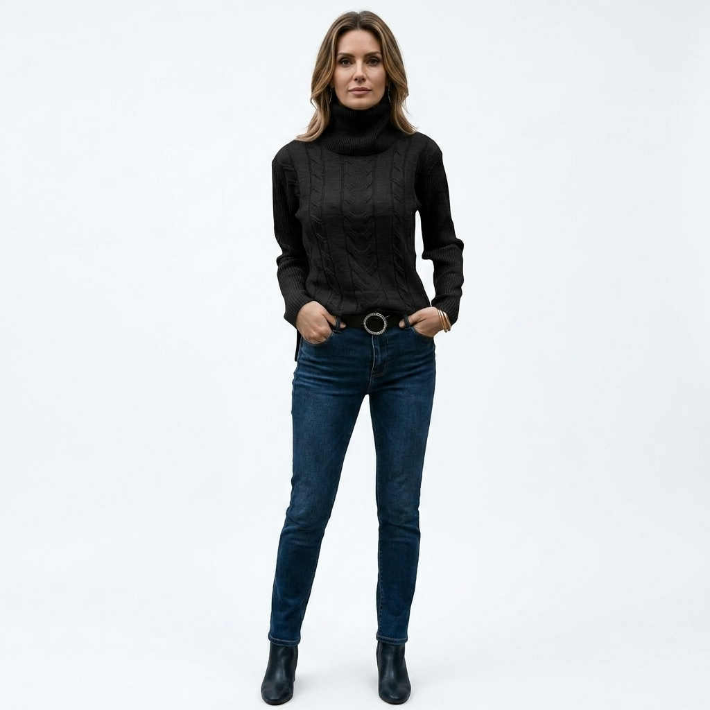 Women’s fitted black turtleneck sweater with long sleeves and cable-knit pattern