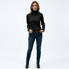 Women’s fitted black turtleneck sweater with long sleeves and cable-knit pattern