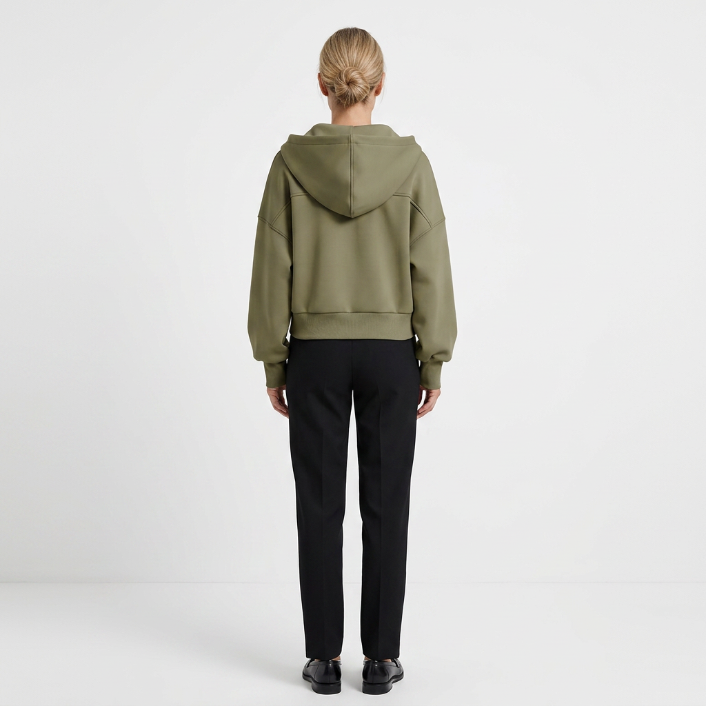 Women's zip-front cropped hoodie in olive green, back view with hood and drawstring