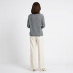 Women's wool-blend cardigan in dark grey, back view with center button detail and long sleeves