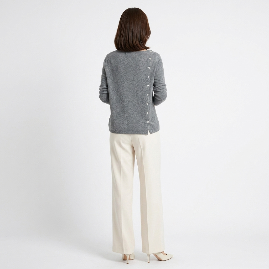 Women's wool-blend cardigan in dark grey, back view with center button detail and long sleeves