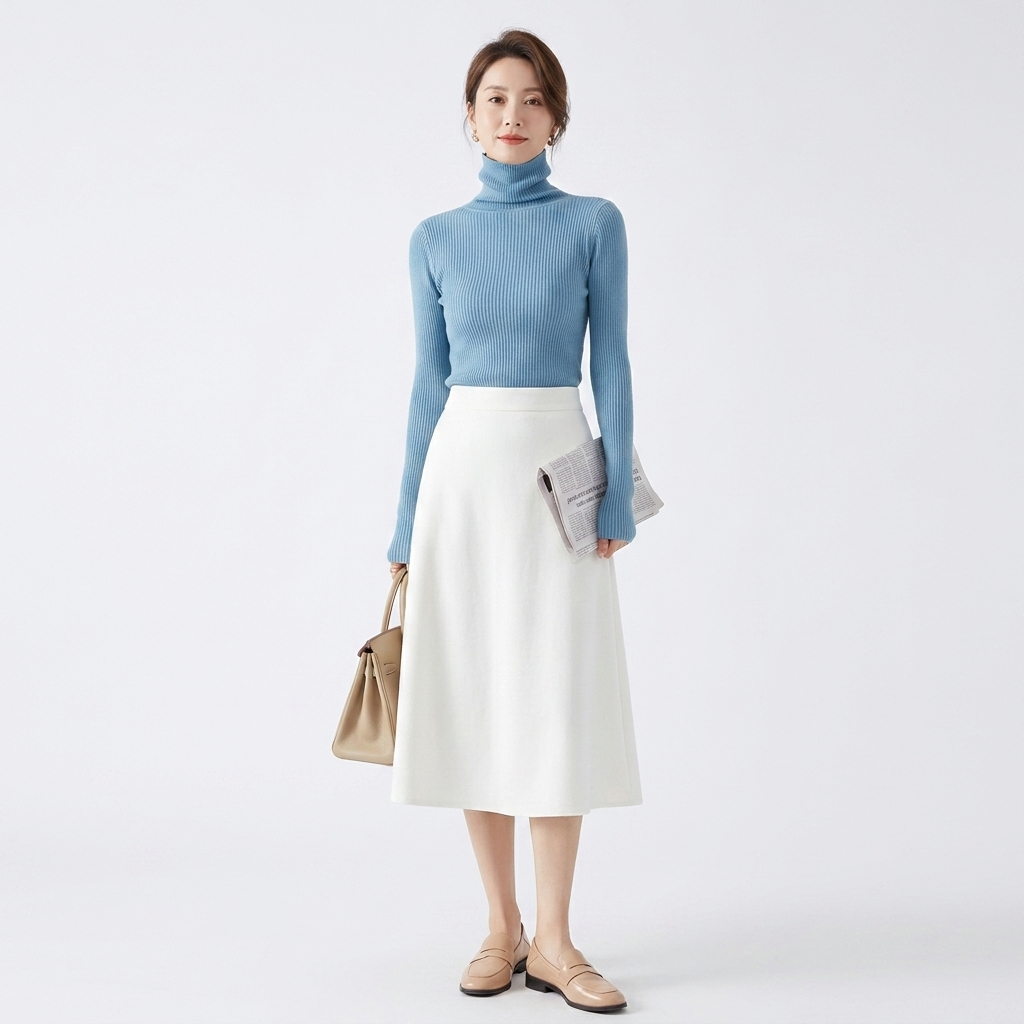 Women’s ribbed turtleneck sweater, light blue, long sleeves, slim fit; paired outfit.