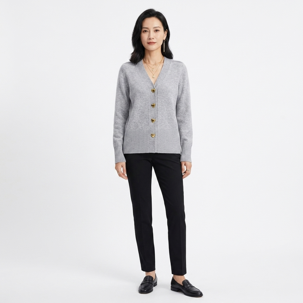 Grey knit V-neck cardigan with gold heart buttons; relaxed fit layered sweater