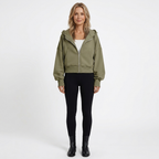Women's zip-front cropped hoodie in olive green with hood, drawstring, and front pockets