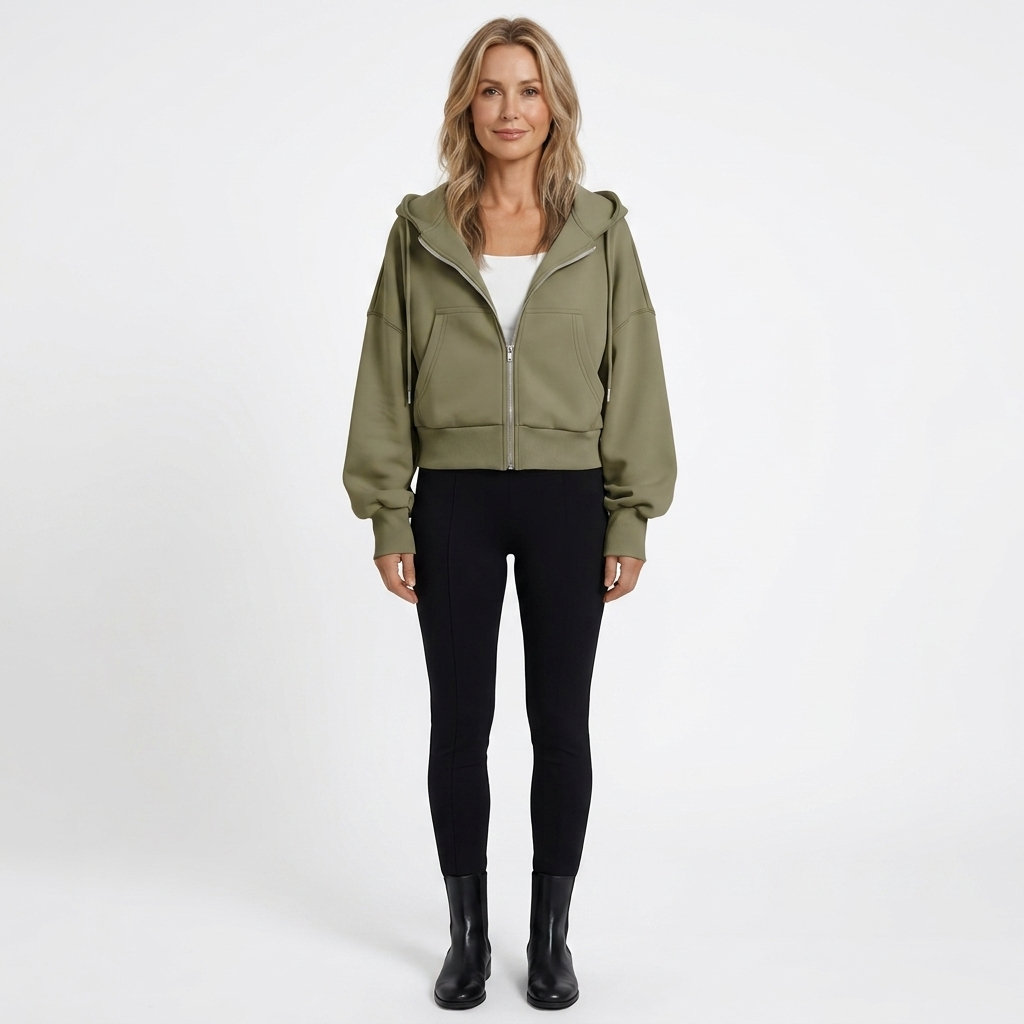 Women's zip-front cropped hoodie in olive green with hood, drawstring, and front pockets