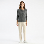 Women's wool-blend cardigan in dark grey, button-front knit with long sleeves and cuffs