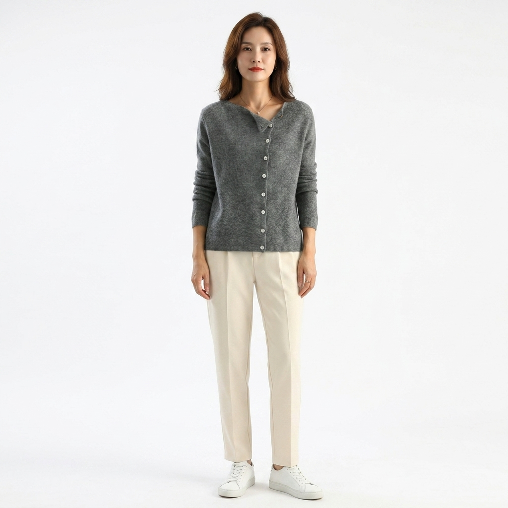 Women's wool-blend cardigan in dark grey, button-front knit with long sleeves and cuffs