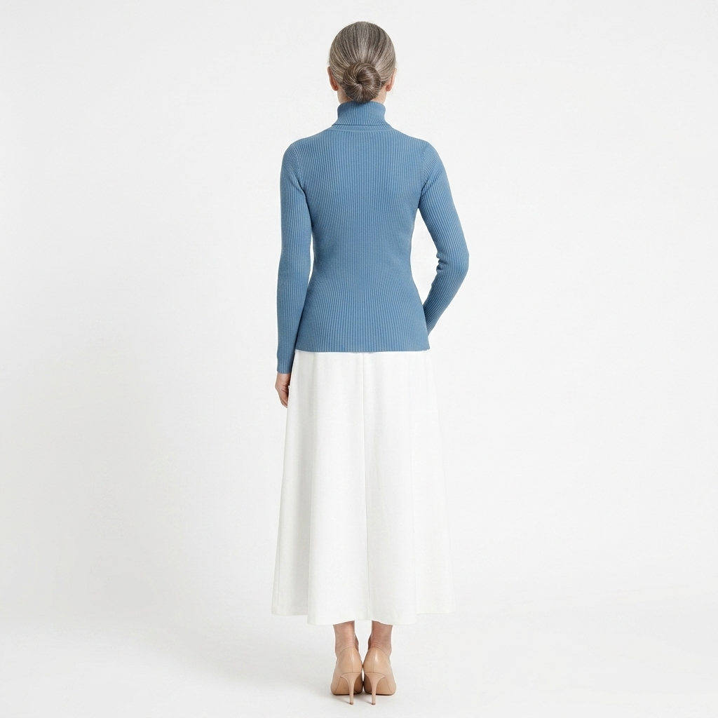 Women’s ribbed turtleneck sweater, long-sleeve slim fit in light blue knit