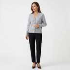 Grey knit cardigan with V-neck and gold heart buttons; ribbed cuffs and hem