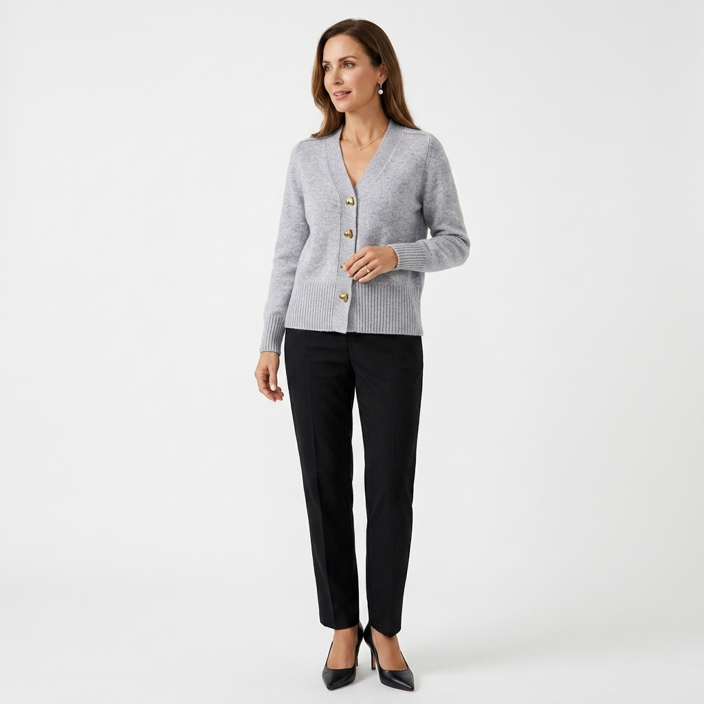 Grey knit cardigan with V-neck and gold heart buttons; ribbed cuffs and hem