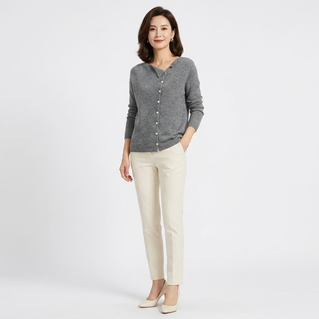 Women's wool-blend cardigan in dark grey with V-neck button closure and long sleeves