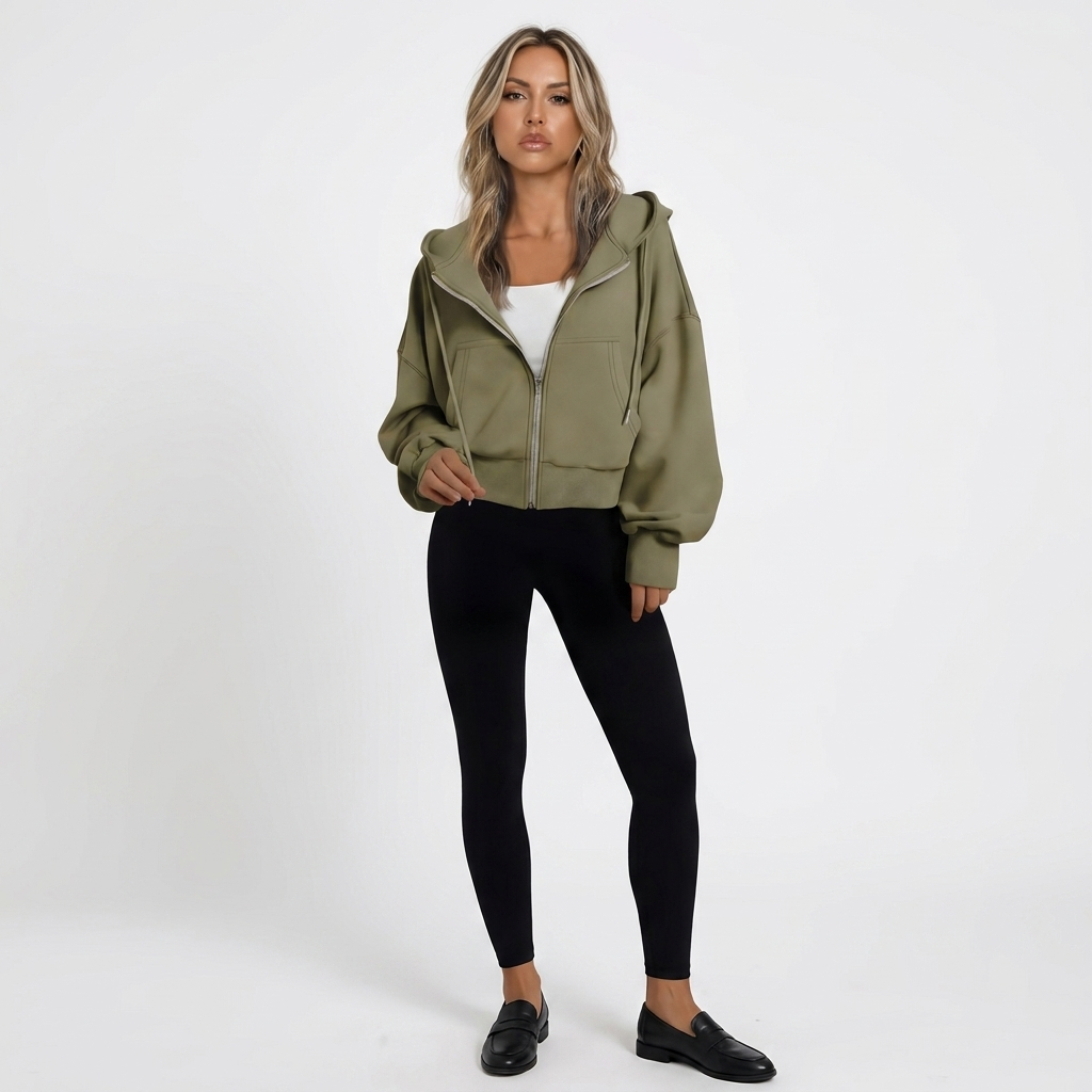 Women's zip-front cropped hoodie in olive green with hood, drawstring, and kangaroo pocket