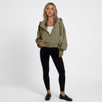 Women's zip-front cropped hoodie in olive green with hood, drawstring, and kangaroo pocket