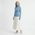 Women’s ribbed turtleneck sweater, light blue, long sleeves, slim stretch knit.