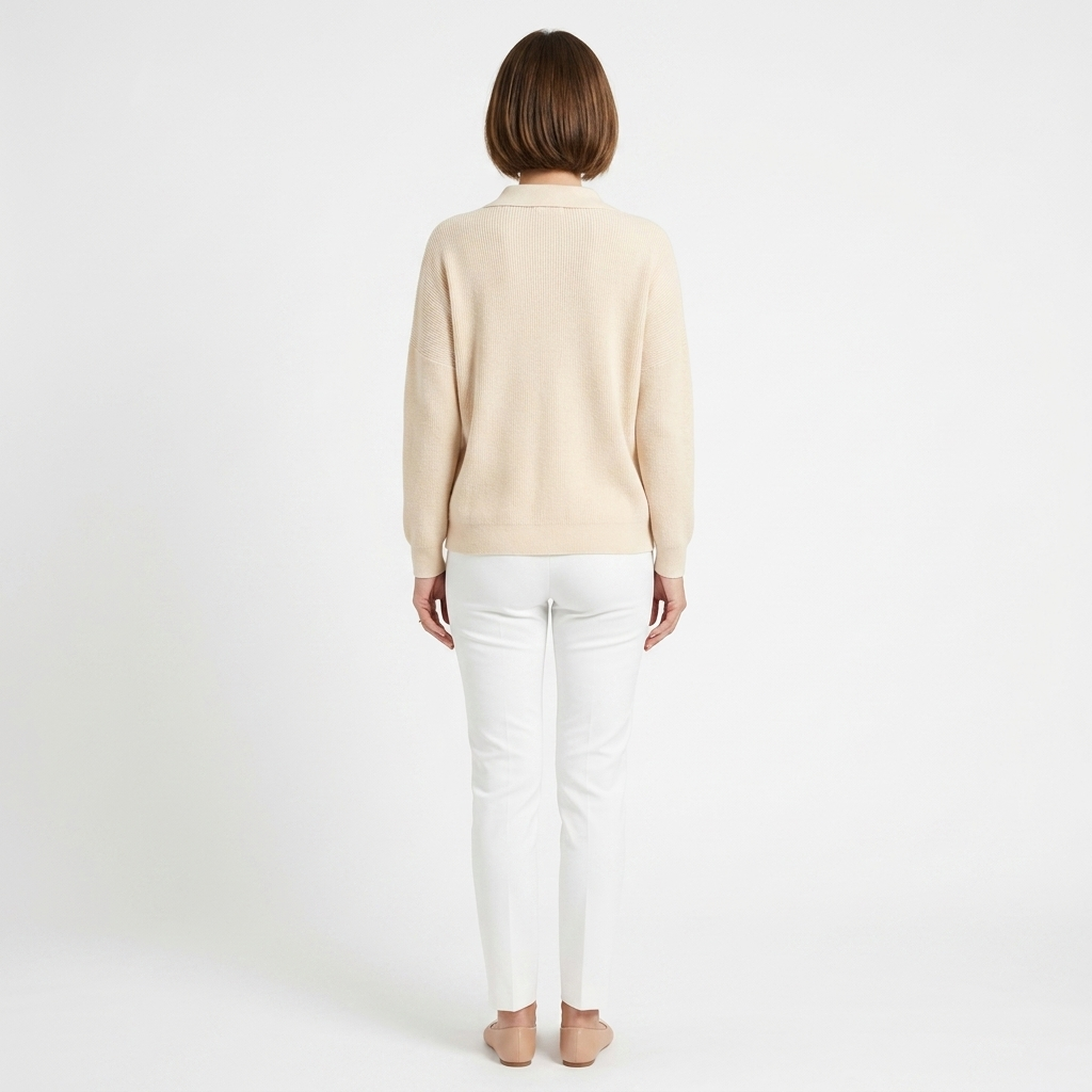 Beige knit cardigan back view with long sleeves and ribbed hem