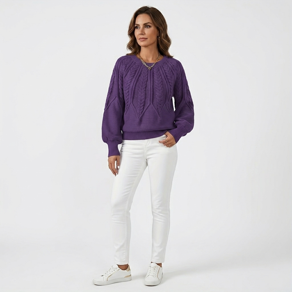 Women's dark purple cable knit sweater pullover with textured yoke and voluminous sleeves.