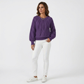 Women's dark purple cable knit sweater pullover with textured yoke and voluminous sleeves.