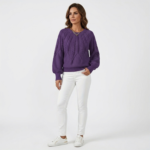 Women's dark purple cable knit sweater pullover with textured yoke and voluminous sleeves.
