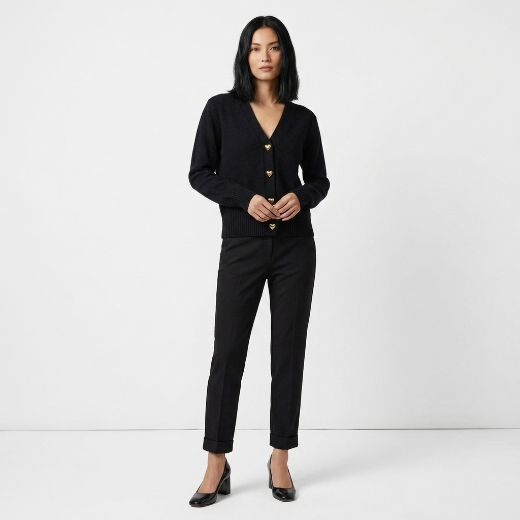 Black women's v-neck button-front knit cardigan, full front view with button placket