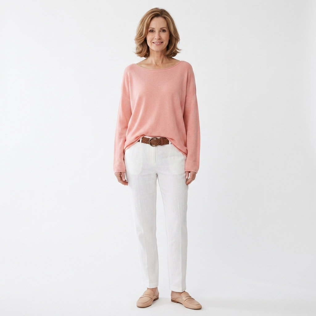 Light pink boat-neck knit sweater with long sleeves, relaxed draped fit
