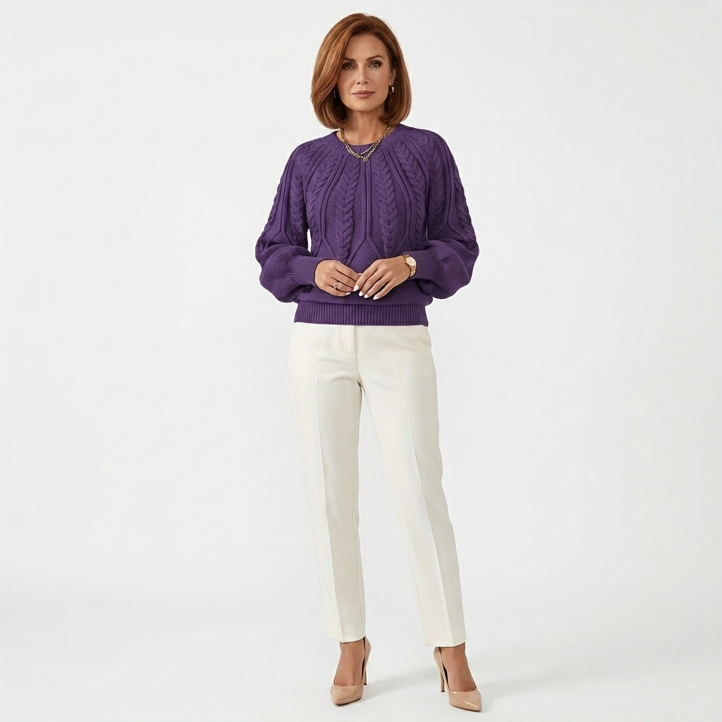 Women's dark purple cable knit pullover sweater with voluminous sleeves, crew neck.