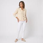 Beige knit button-front cardigan with pointed collar and long sleeves