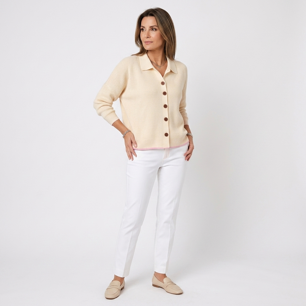 Beige knit button-front cardigan with pointed collar and long sleeves
