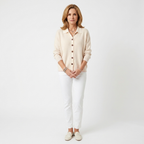 Beige knit button-front cardigan with pointed collar and three-quarter sleeves