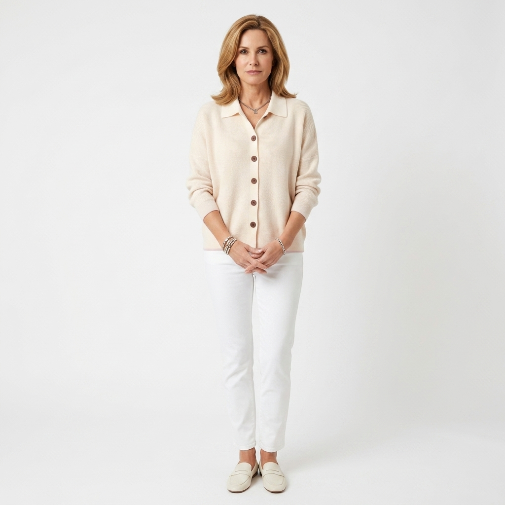 Beige knit button-front cardigan with pointed collar and three-quarter sleeves