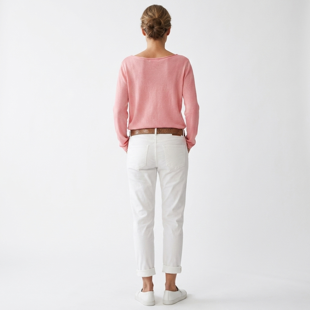 Light pink boat-neck knit sweater, long sleeves, draped relaxed back view