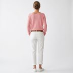 Light pink boat-neck knit sweater, long sleeves, draped relaxed back view