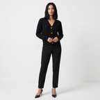 Black women's v-neck button-front knit cardigan with long sleeves and ribbed hem