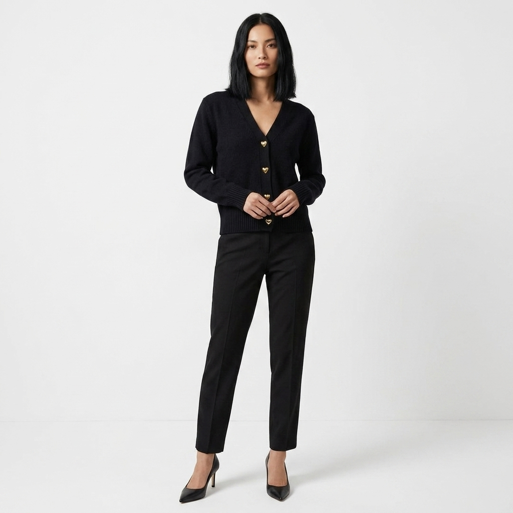 Black women's v-neck button-front knit cardigan with long sleeves and ribbed hem