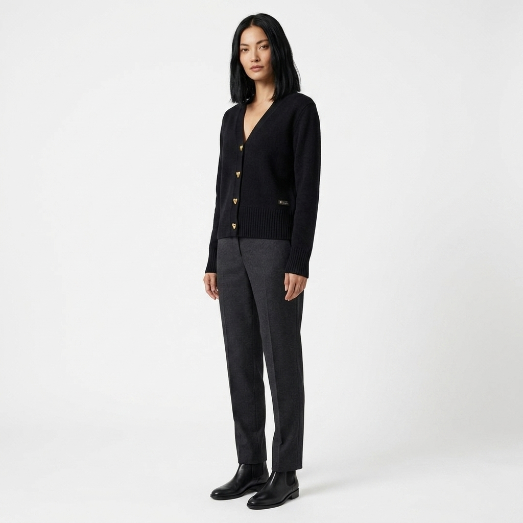 Black women's v-neck button-front knit cardigan, side view with long sleeves