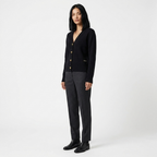 Black women's v-neck button-front knit cardigan, side view with long sleeves
