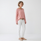 Light pink boat-neck knit sweater, long sleeves, relaxed draped fit