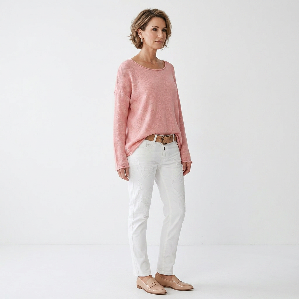 Light pink boat-neck knit sweater, long sleeves, relaxed draped fit